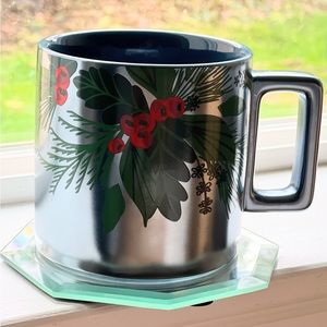 Starbucks 2021 Christmas Holiday Mug 14 Blue Metallic Holly Ceramic Coffee Cup